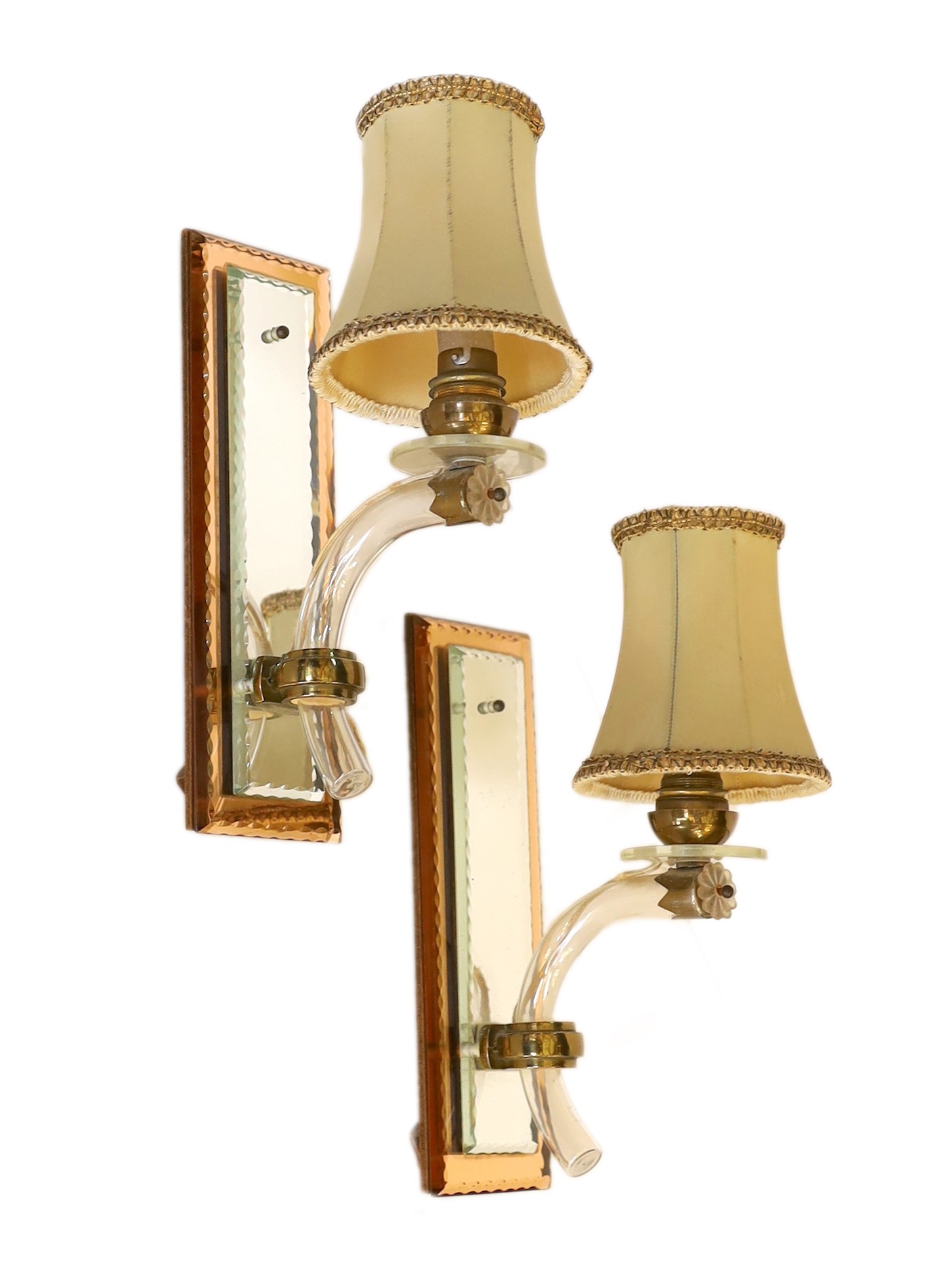A pair of 1930s French mirrored glass wall lights, height 25cm